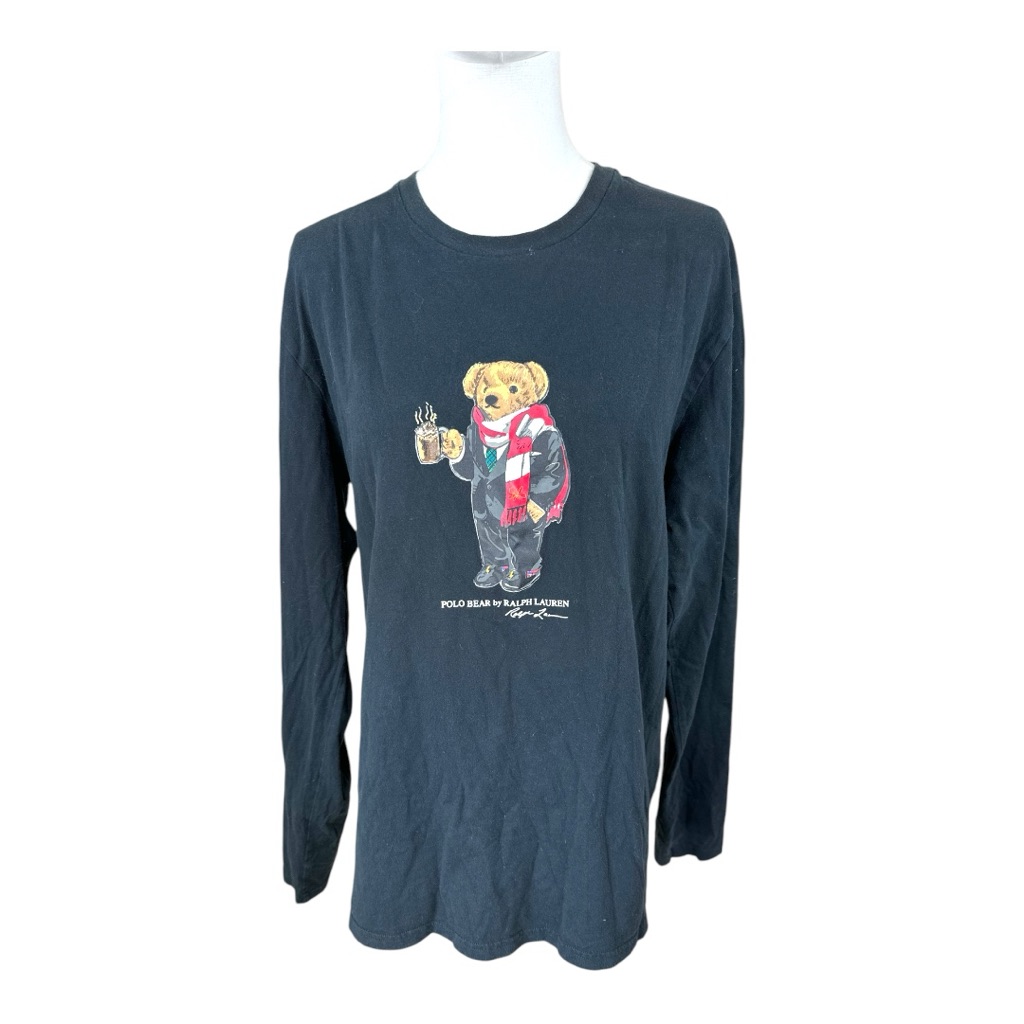 Polo Ralph Lauren Size Medium Long Sleeve Black Cotton Henley W Hot Coco Bear